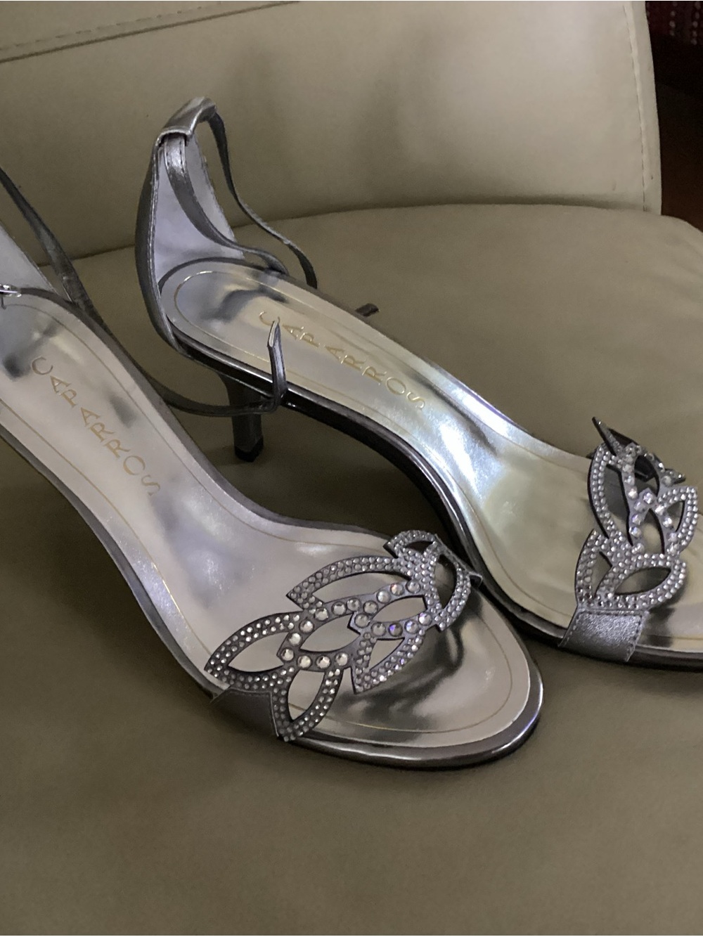 Caparros Silver Rhinestone Open-Toe Slingback Heels - Picture 4 of 5